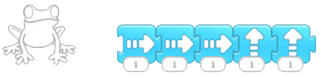 A coding line: frog, move right 3 times, move up 2 times.