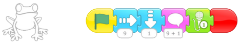 Coding line: 
Frog, start on green flag, moves right 9times, moves down on time, say ‘nine, plus one’, plays recorded sound, end.