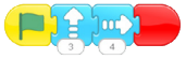 Coding line: Start on green flag, move up 3 times, move right 4 times, end.