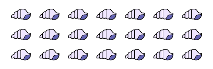 21 coquillages disposés en trois rangées.