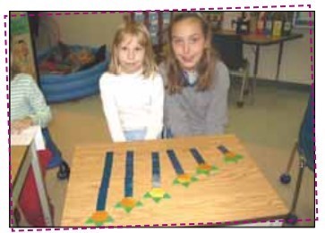 Two students show their increasing sequence of tree growth. A rectangle is added to the truck to show its yearly growth.  