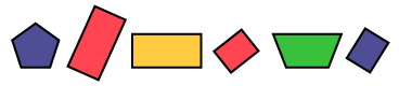 A non-numeric repeating pattern with a purple pentagon, a red rectangle positioned vertical, a yellow rectangle position horizontal, one red square position vertical, a green trapezoid position horizontal, and a blue square position vertical.