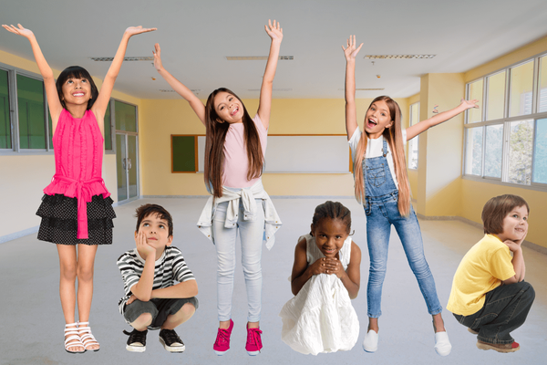 Non numeric repeating patterns: One child is standing with their hands in the air and the second is kneeling, repeated 3 times. 