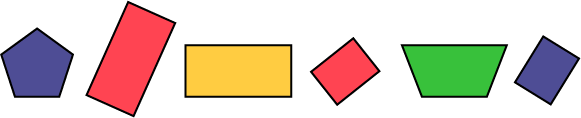 A pattern of repeated forms with a purple pentagon, a red rectangle positioned vertical, a yellow rectangle position horizontal, one red square position vertical, a green trapezoid position horizontal, and a blue square position vertical.