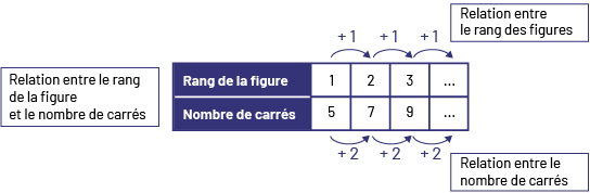 Table des valeurs qui représente le rang de la figure et le nombre de carrés. Rang un, 5 carrés, Rang 2, 7 carrés, Rang 3, 9 carrés. Des flèches représentent les bonds de plus 2.