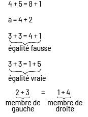 4 plus 5 égal 8 plus un« a » égal 4 plus 23 plus 3 égal 4 plus unC’est une égalité fausse.3 plus 3 égal un plus 5C’est une égalité vraie.2 plus 3 égal un plus 42 plus 3 étant member de gauche et un plus 4 étant membre de droite.