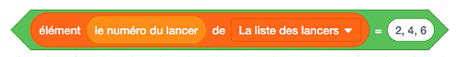 Une séquence conditionnelle, elle contient deux variables marquées « élément » puis « le numéro du lanceur » dans une bulle « de » « La liste des lanceurs » avec une flèche descendante égale « 2, 4, 6 » dans une bulle.