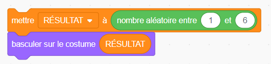 Bloc variable : mettre « résultat » à « nombre aléatoire entre un et 6 ». Bloc d’apparence : basculer sur le costume « résultat ».