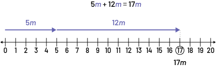 Droite numérique avec des valeurs de zéro à 20 et la valeur 17 est encerclée. Deux flèches pointent vers la gauche de la valeur zéro à 5 et de 5 à 12. 5 'm', plus, 12 'm', moins, 17 'm'