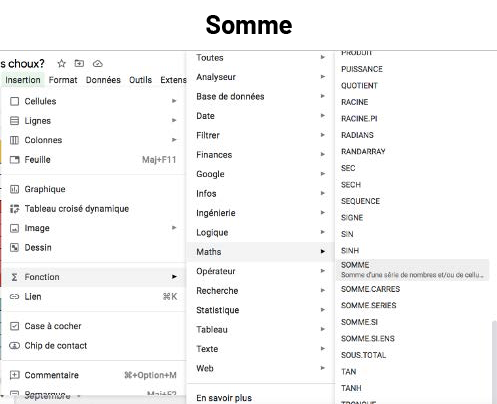 Feuille de calcul Google indiquant où accéder la fonction du 