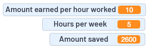 Coding window that show different variables; Amount earned per hour worked: ten. Hours per week: 5. Amount saved: 2600.