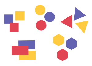 Cinq groupes de trois blocs logiques, dont un bleu, un jaune et un rouge : un groupe de carrés, un groupe de disques, un groupe de triangles, un groupe de rectangles et un groupe d’hexagones.