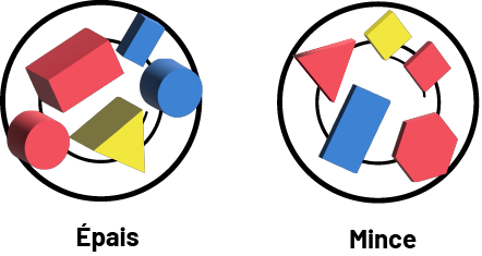 Deux contenants : un qui contient cinq blocs logiques de couleur différente, tous épais, et l’autre qui contient aussi cinq blocs logiques de couleur différente, mais tous minces.