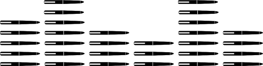 Six colonnes de stylos sont alignées côte à côte. La première colonne possède 5 stylos, la deuxième colonne possède 7 stylos, la troisième colonne possède 4 stylos, la quatrième colonne possède trois stylos, la cinquième colonne possède 7 stylos et la sixième colonne possède 4 stylos.