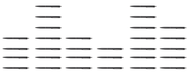 Six colonnes de stylos sont alignées côte à côte. La première colonne possède 5 stylos, la deuxième colonne possède 7 stylos, la troisième colonne possède 4 stylos, la quatrième colonne possède trois stylos, la cinquième colonne possède 7 stylos et la sixième colonne possède 4 stylos.