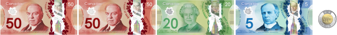 2 billets de 50 dollars, un billet de 20 dollars, un billet de 5 dollars, et une pièce de 2 dollars.