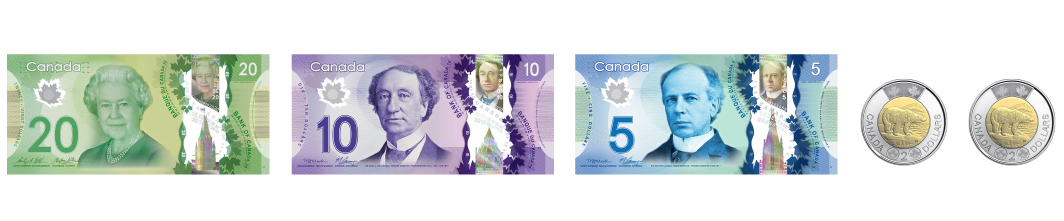 Un billet de 20 dollars, un billet de dix dollars, un billet de 5 dollars, 2 pièces de 2 dollars.