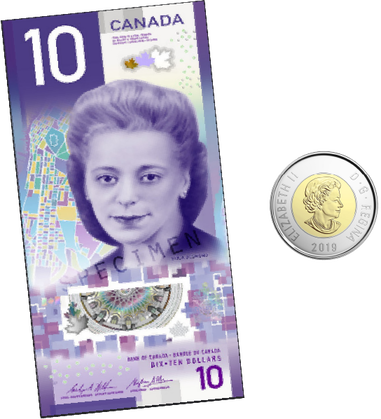 Un billet de dix dollars et une pièce de 2 dollars. 