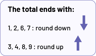 The total ends in: one, 2, 6, 7: rounded down, arrow pointing down. 3, 4, 8, 9: rounded up, up arrow. 