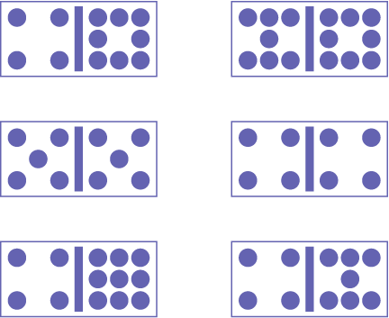 Voici deux colonnes de trois dominos. Le nombre de points sur chaque domino vont comme suit. Première colonne : quatre et huit. Cinq et cinq. Quatre et neuf. Deuxième colonne : sept et huit. Quatre et quatre. Quatre et sept.