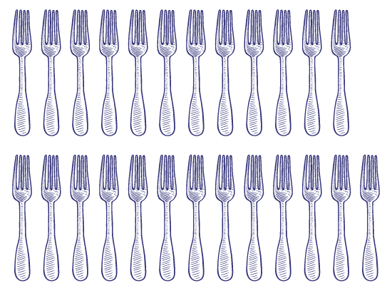 L’image montre deux rangées de fourchettes : la première en contient douze et la deuxième en contient treize. 