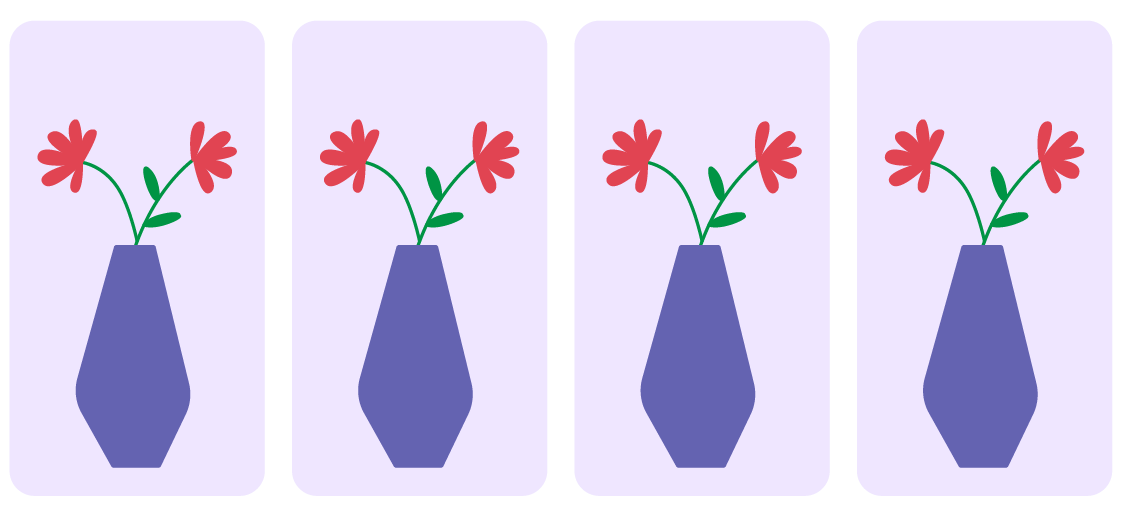 4 images identiques, d’un vase avec 2 fleurs rouges. 