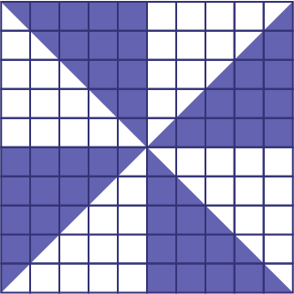 Une grille de 100 unités est divisée en 8 triangles égal, 4 d’entre eux sont en mauve.