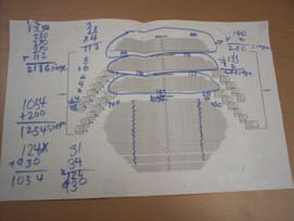 Des élèves travaillent avec le plan d’une salle de spectacle. Les traces du travail ont été notées sur le plan « des calculs, et des zones du plan sont encerclés. » 
