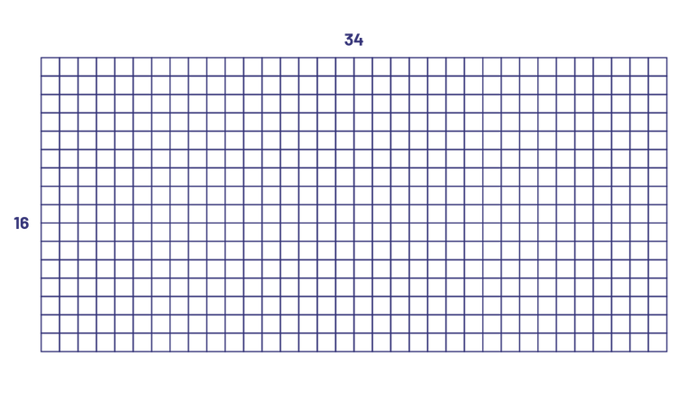 Une disposition rectangulaire, tracée sur du papier quadrillé, de, 34 carreaux par 16 carreaux.