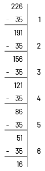 Une soustraction posée à la verticale.226 moins 35 égal 191, moins 35, égal 156, moins 35, égal 121, moins 35, égal 86, moins 35, égal 51, moins 35, égal 16. Il y a au total 6 étapes.
