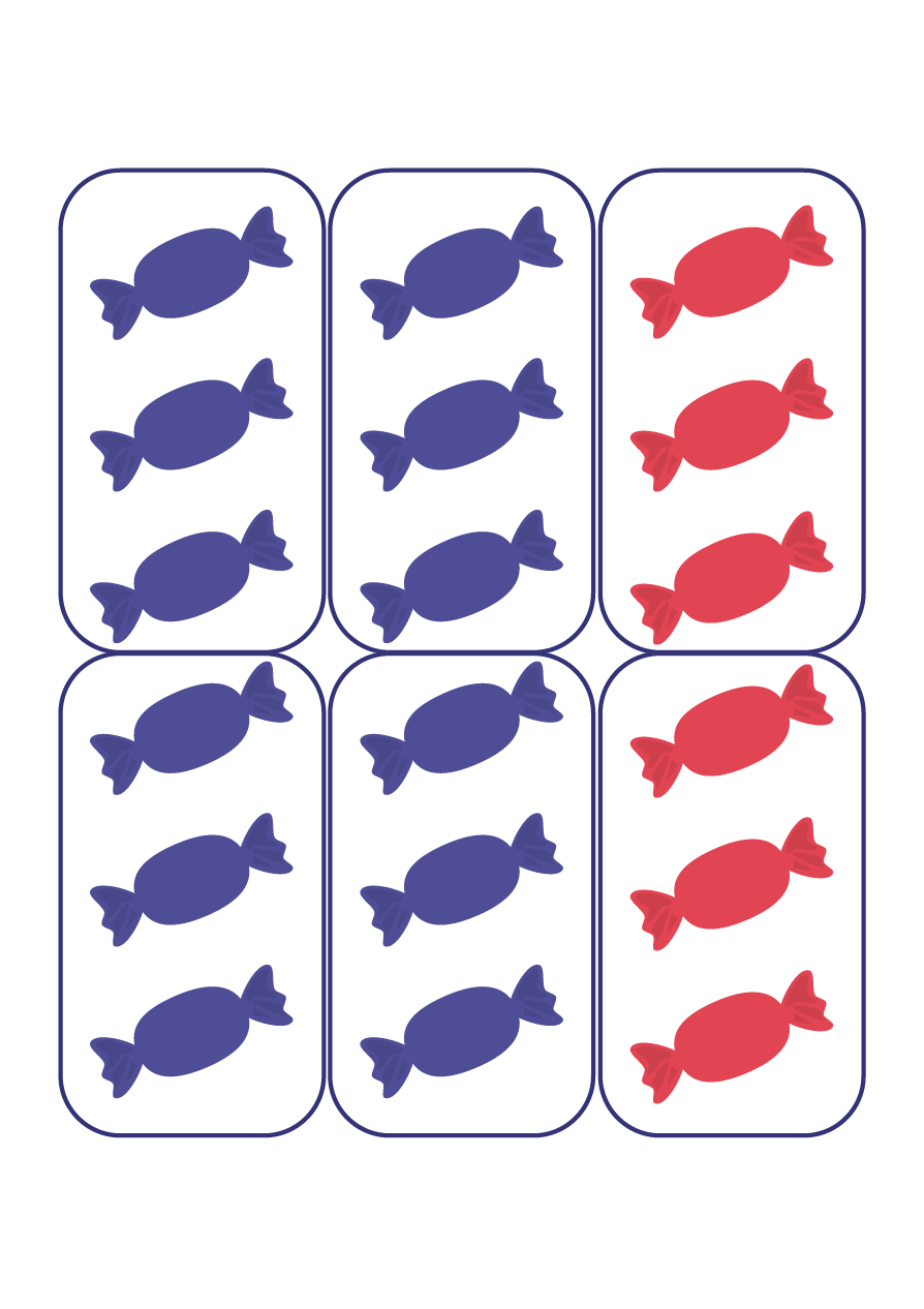 Les bonbons sont placés en ensembles de 3 bonbons. 4 ensembles sont des bonbons bleus et 2 ensembles sont des bonbons rouges.