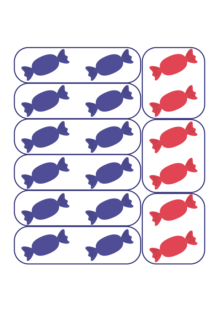 Les bonbons sont placés en ensembles de 2. 6 ensembles sont des bonbons bleus et 3 ensembles sont des bonbons rouges. 