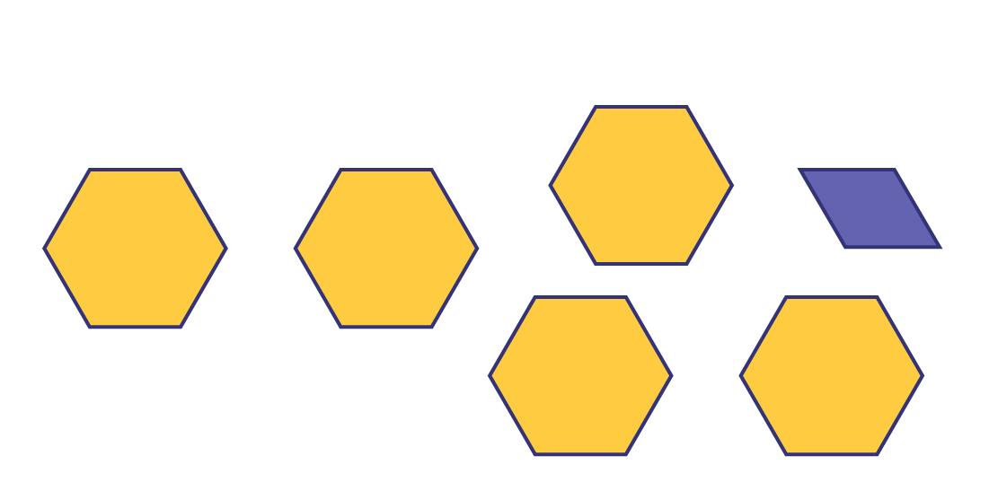 5 hexagones jaunes et un losang4e bleu.