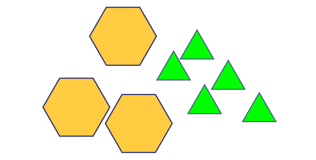 3 hexagones jaunes et 5 triangles verts.