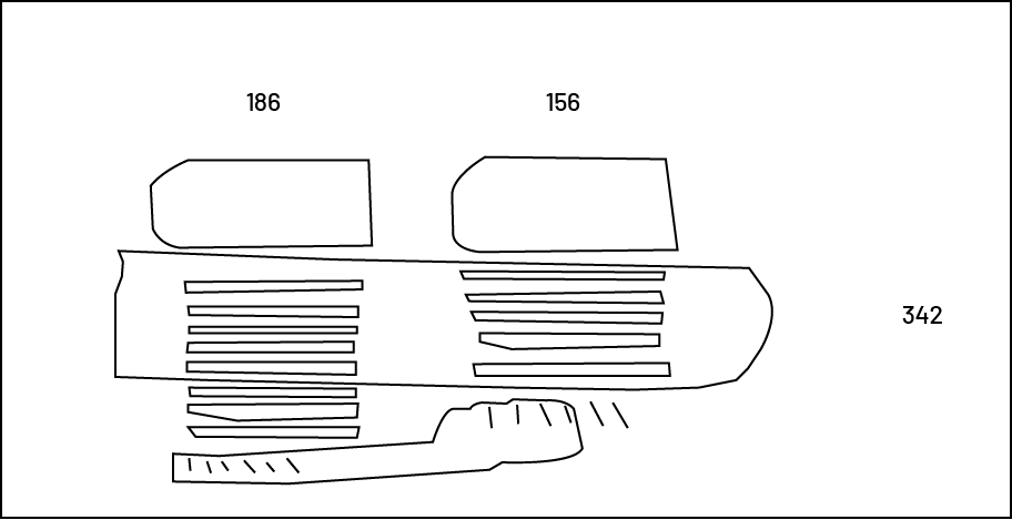 Le schéma suivant est dessiné à main levée. Des rectangles de différentes tailles et des traits illustrent la décomposition des nombres 186, 168 et 342. 