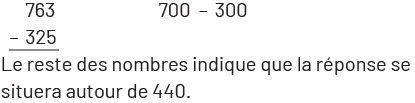 Deux soustractions : 763 moins 325, et 700 moins 300. En dessous, il est écrit : Le reste des nombres indique que la réponse se situera autour de 440. 