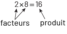 Deux fois huit égale 16. Le mot facteurs pointe avec deux flèches vers le deux et le huit tandis que le mot produit pointe avec une flèche vers le 16. 