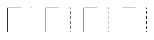 Quatre rectangles identiques sont présentés côte à côte. Ils sont divisés en deux parties égales sur le sens de la longueur. La partie de droite est pointillée. 