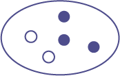 Un ensemble de cinq jetons présente trois jetons bleus et deux jetons blancs. 