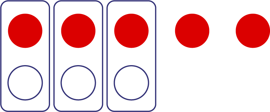 L’image montre trois ensembles d’un jeton rouge et un jeton blanc ainsi que deux jetons rouges individuels. 