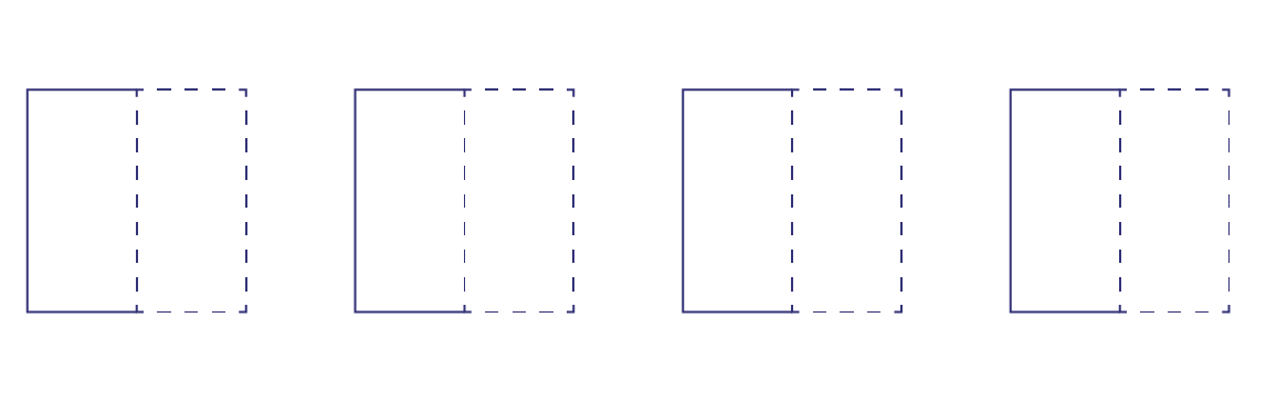 Quatre rectangles identiques sont présentés côte à côte. Ils sont divisés en deux parties égales sur le sens de la longueur. La partie de droite est pointillée. 