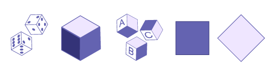 Des figures et solides carrées. La première figure est: « 2 dés. » La deuxième figure est: « un cube. » La troisième figure est: « 3 cubes. » La quatrième figure est: « un carré. » La cinquième figure est: « un carré plane donc le coin pointe en haut. »