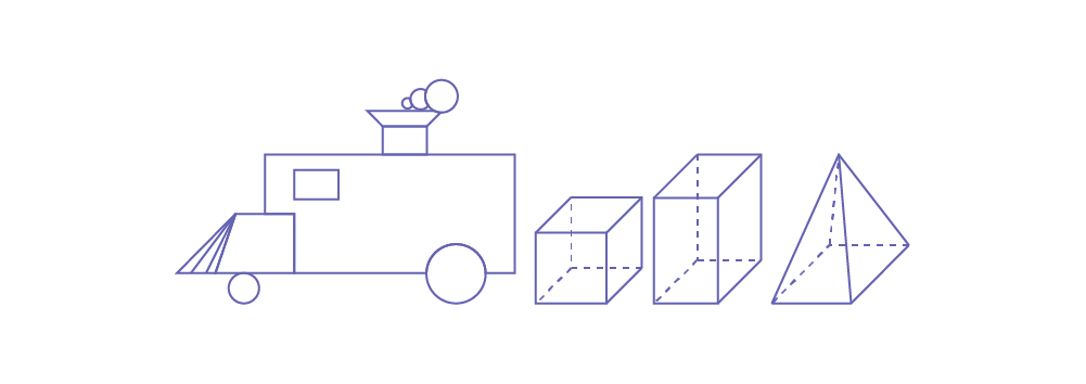 Une locomotive construite avec des figures géométriques suivies « d’un cube, » « un prisme à base rectangulaire, » « une pyramide à base carrée. »