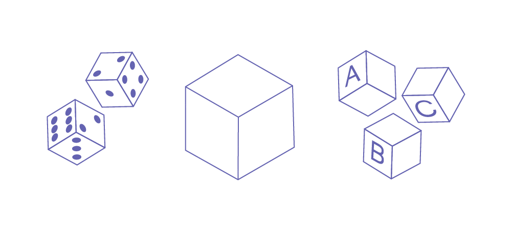 « Deux dés », « Un cube », « Trois cubes. »