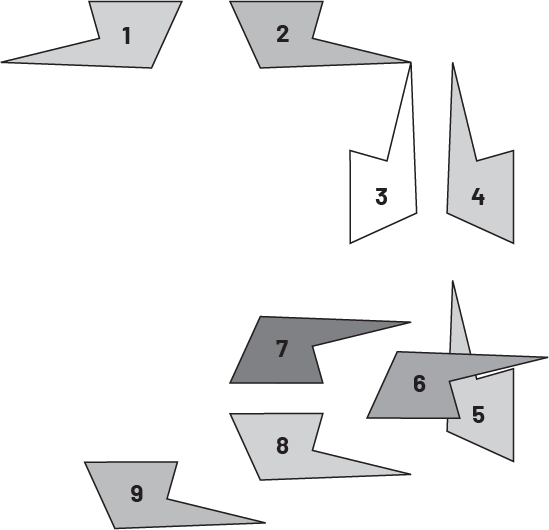 Une série de neuf figures identiques à orientation différente. 