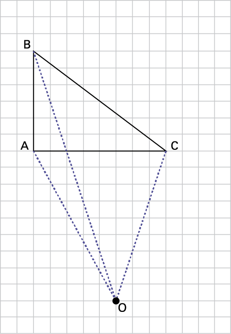 Un triangle « A », « B » , « C » est tracé, des lignes en pointillées sont tracées pour de nouveaux segments, «A » « O » ; « B » « O », et « O » « C ».