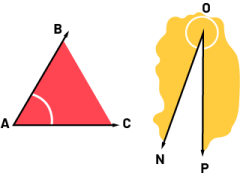 2 Angles.  The first angle labeled " B ", " A ", " C ", it is acute. The second angle labeled "N", "O", "P" is obtuse.