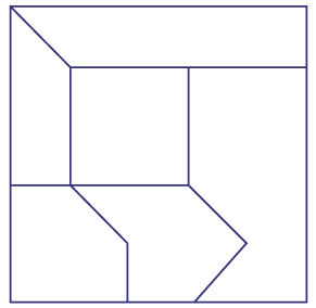 A square is turned into a Tangram. It is divided into 6 different plane figures.