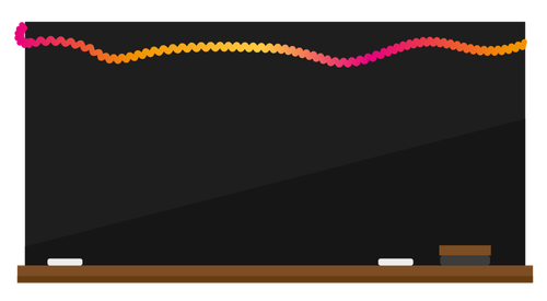 A blackboard with two chalks and the brush. A garland is on top of the board.