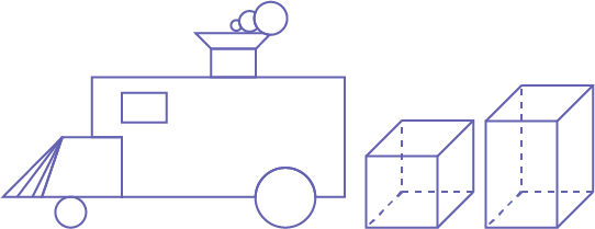 A locomotive built with geometric shapes followed by "a cube," "a prism with a rectangular base."